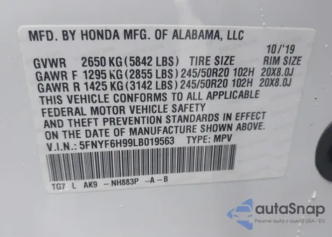 2020 Honda Pilot Awd Touring 8 Passenger из США, поврежденный, VIN 5FNYF6H99LB019563